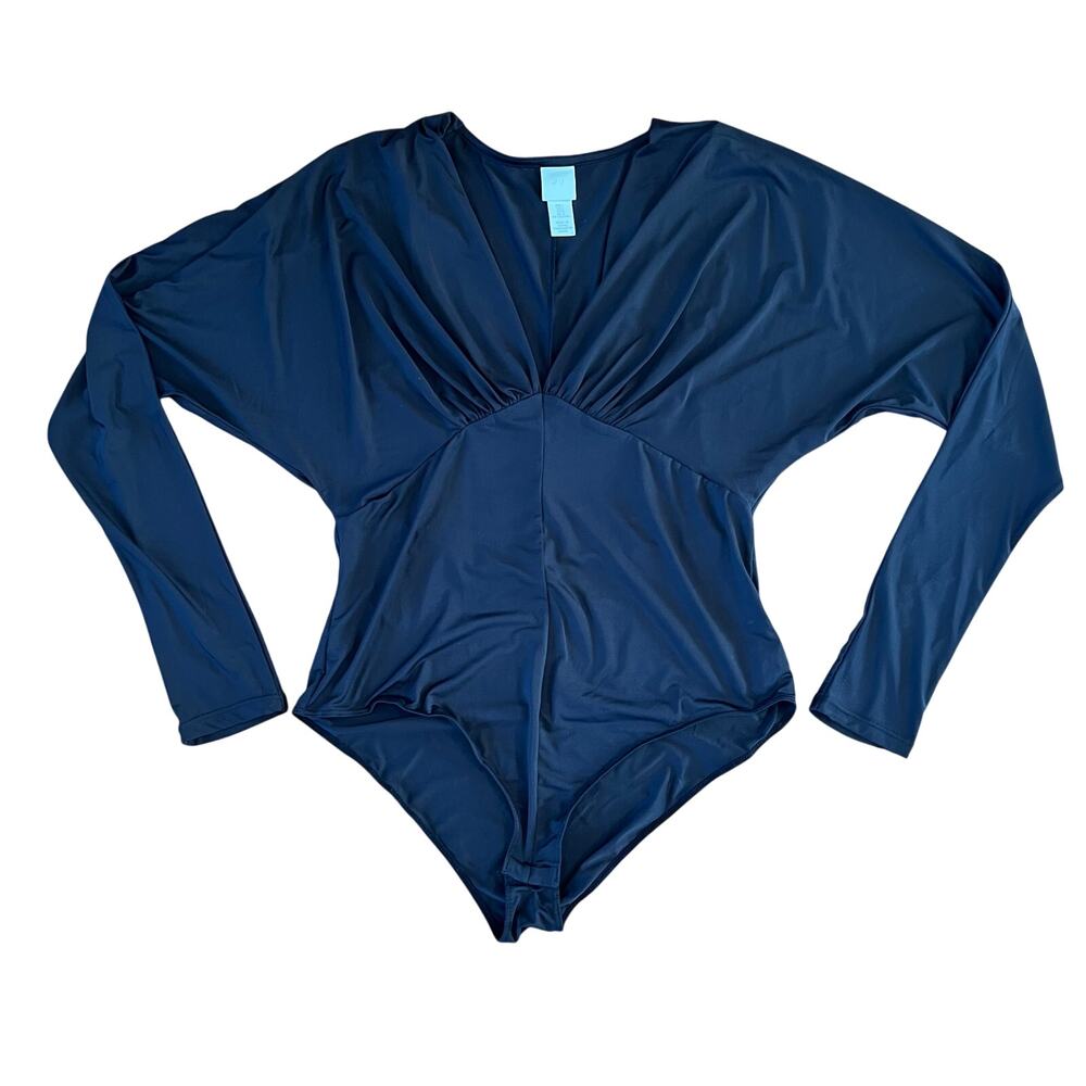 H&M Black Long Sleeve Deep V-neck Draped Body Suit | L